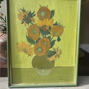 Vintage Sunflower Painting in Green Frame